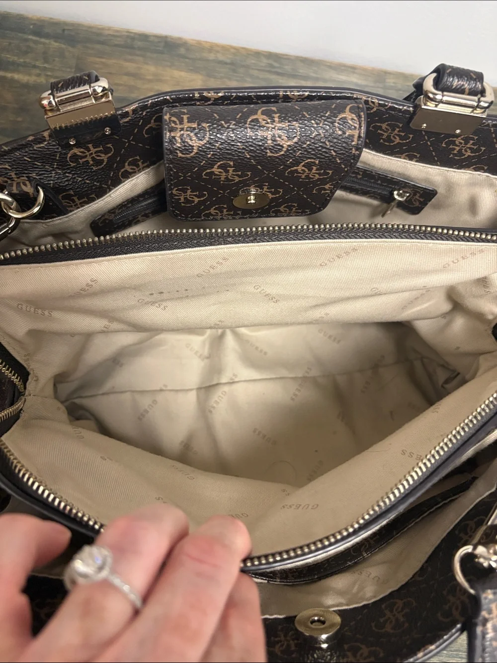 GUESS Brown Satchel with Pink Floral Embroidery